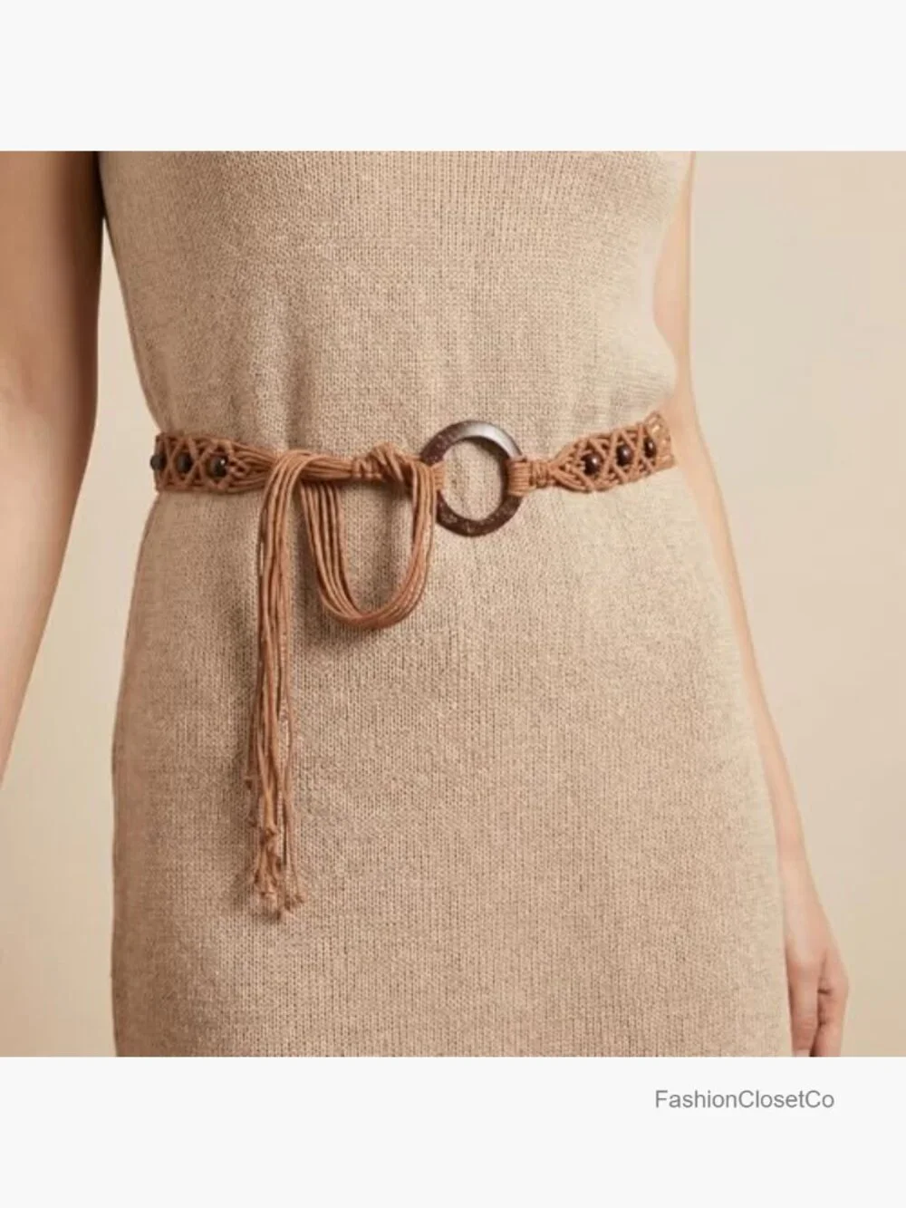 Boho Woven Rope Waist Belt with Wooden Beads and Tassels